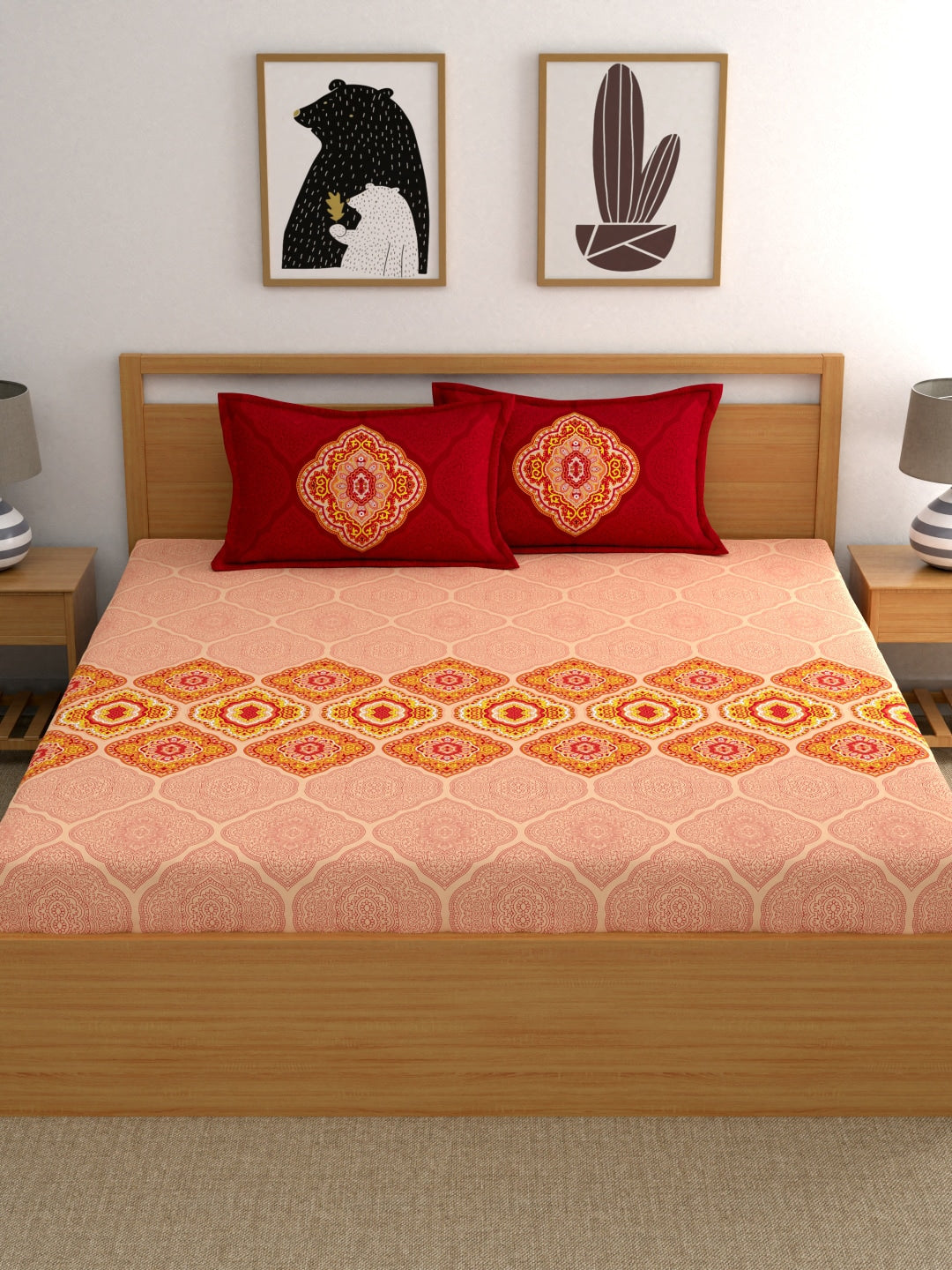 Dreamscape Pink Ethnic Motifs 144 TC Cotton 1 Queen Bedsheet with 2 Pillow Covers - Swadesiicart