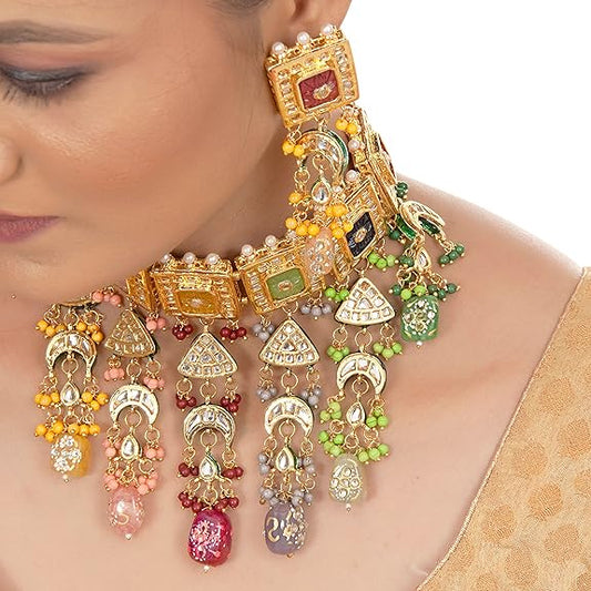Tehzeeb Creations Meenakari Gold-Polished Multi Color Rectangular Shape Uncut Kundan Combo Necklace Set - Swadesiicart