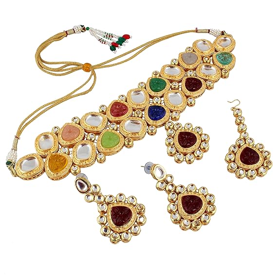 Tehzeeb Creations Back Meenakari Gold-Polished Multicolor Color Tika Earring Jewellery Set Uncut Big Faux Kundan Dibbi Kundan Choker Necklace Set | Swadesiicart