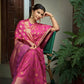 Vardha Cerise Pink Golden Zari Banarasi Raw Silk Saree | Swadesiicart