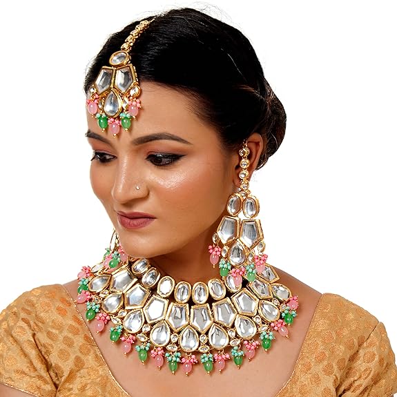 Tehzeeb Creations Back Meenakari Gold-Polished MultiColor Set Uncut Big Faux Kundan Choker Necklace Set | Swadesiicart