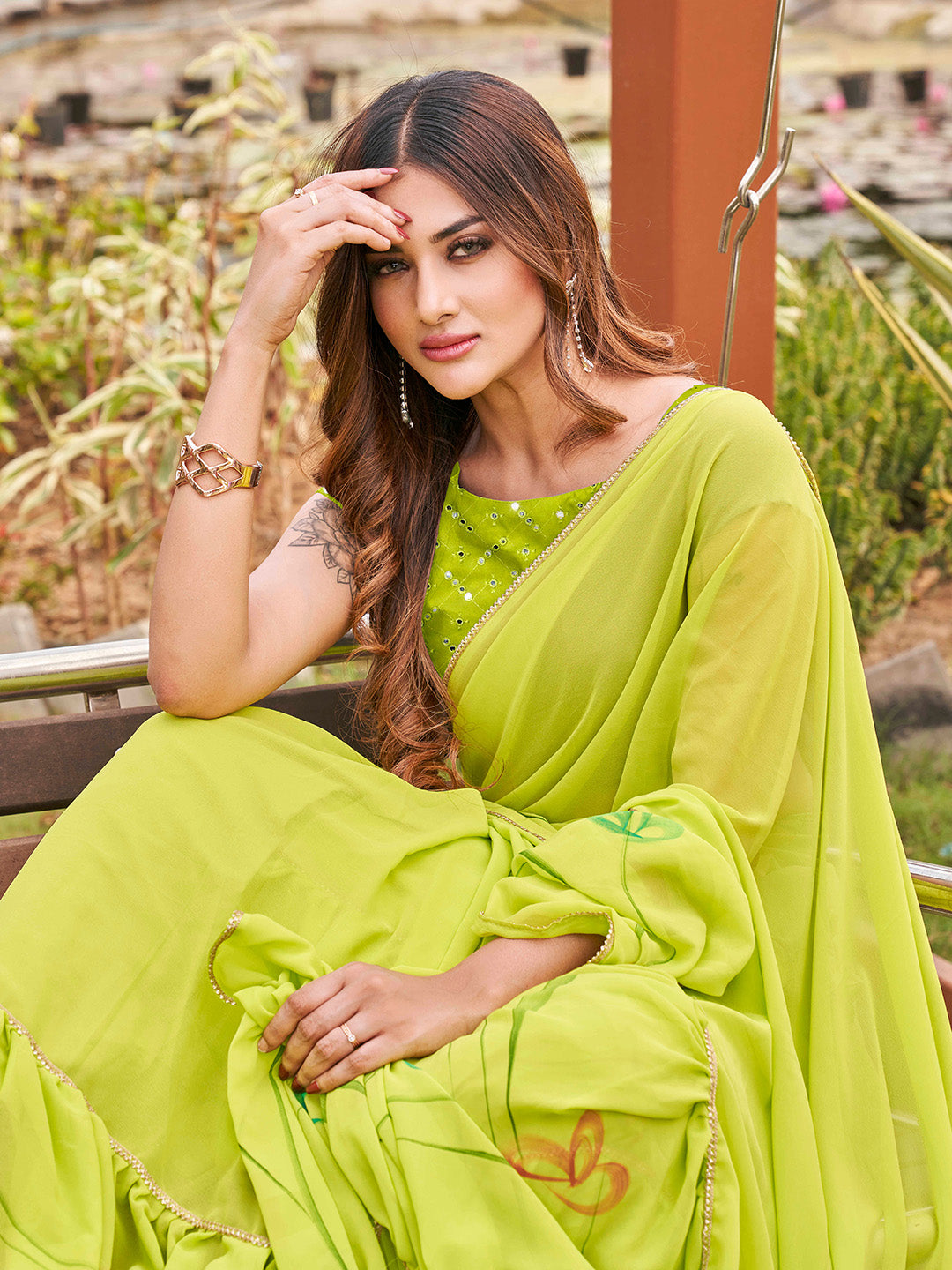 Tikhi Imli Printed Ruffle Saree With Mirror Embroidered Work Blouse | Swadesiicart
