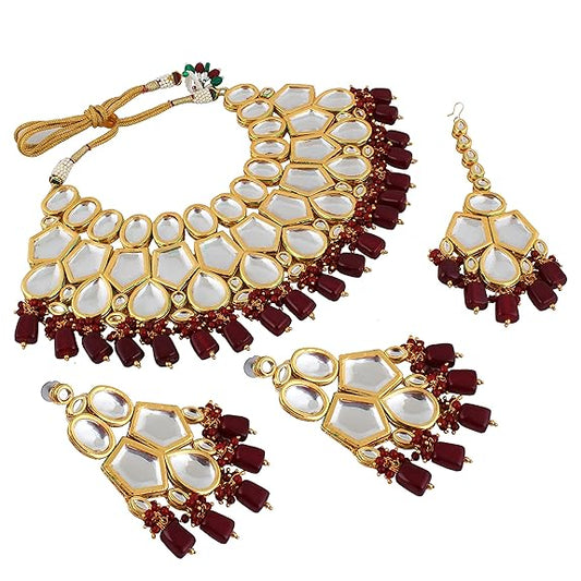 Tehzeeb Creations Meenakari Gold-Polished Maroon color pentagon shape Uncut Kundan Combo Necklace Set - Swadesiicart