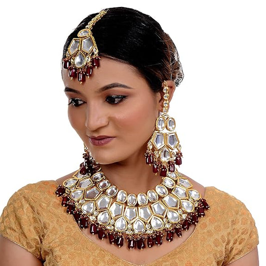 Tehzeeb Creations Meenakari Gold-Polished Maroon color pentagon shape Uncut Kundan Combo Necklace Set - Swadesiicart
