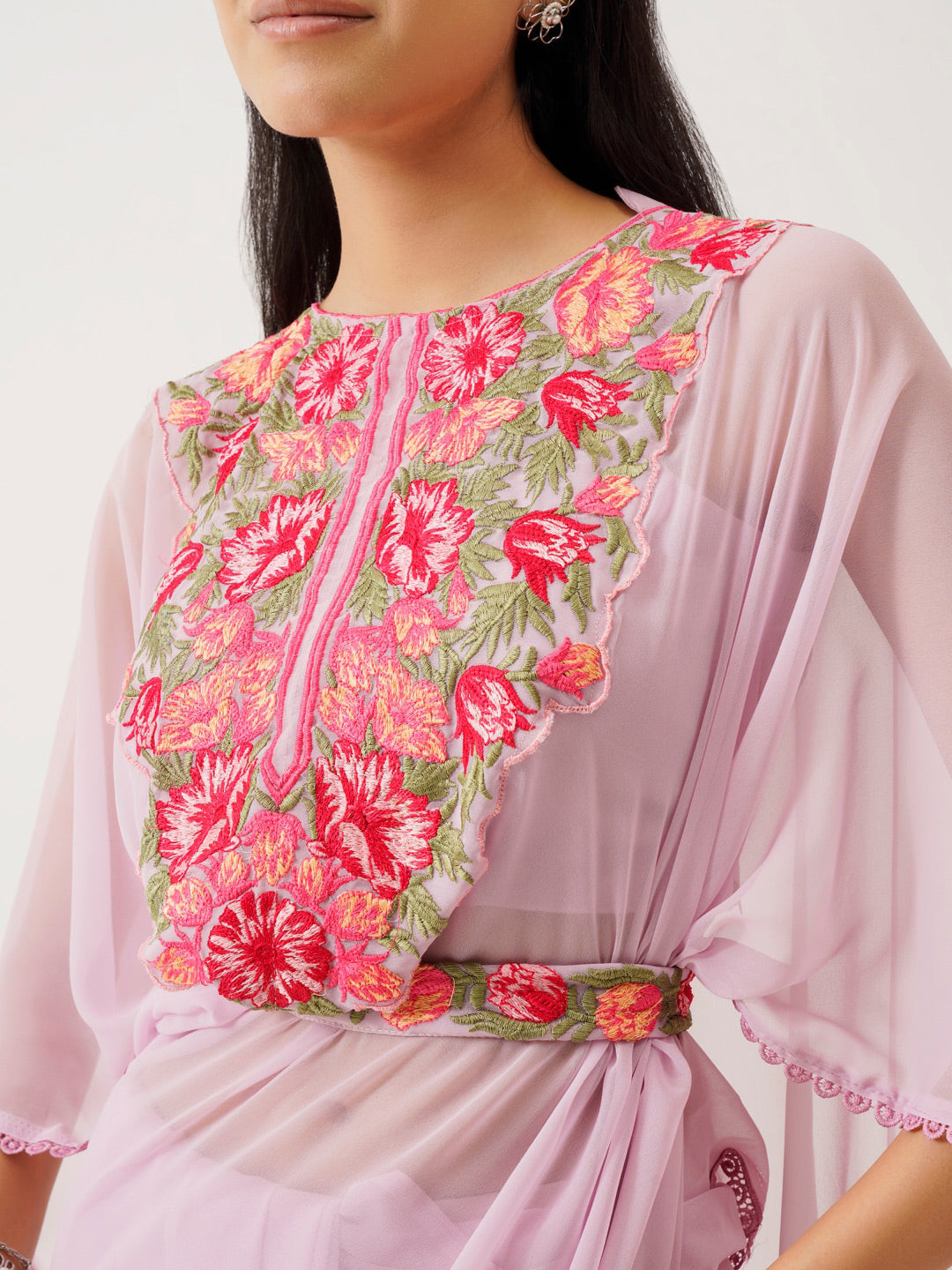 Tikhi Imli Lavender & Pink Floral Embroidered Belted Saree | Swadesiicart