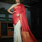 Vardha Rose Red-Ivory White Golden Zari Banarasi Raw Silk Saree | Swadesiicart
