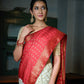 Vardha Rose Red-Ivory White Golden Zari Banarasi Raw Silk Saree | Swadesiicart