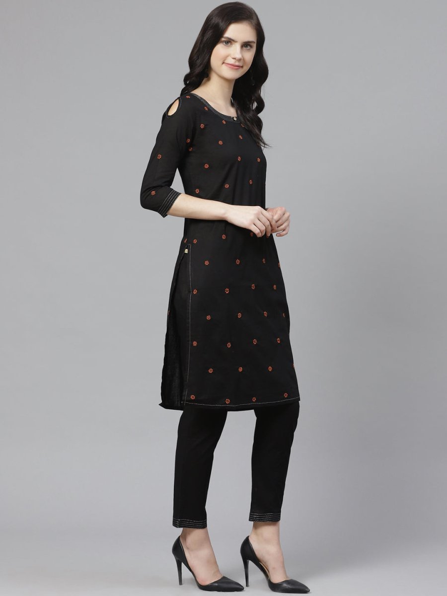 ADA Women Black & Rust Orange Chikankari Embroidered Sustainable Handloom Kurta with Trousers | Swadesiicart