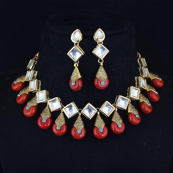 Tehzeeb Creations Back Meenakari Gold-Polished Red Color Square Shape Earring Jewellery Set Uncut Kundan Big Faux Kundan Dibbi Kundan Necklace Set - Swadesiicart