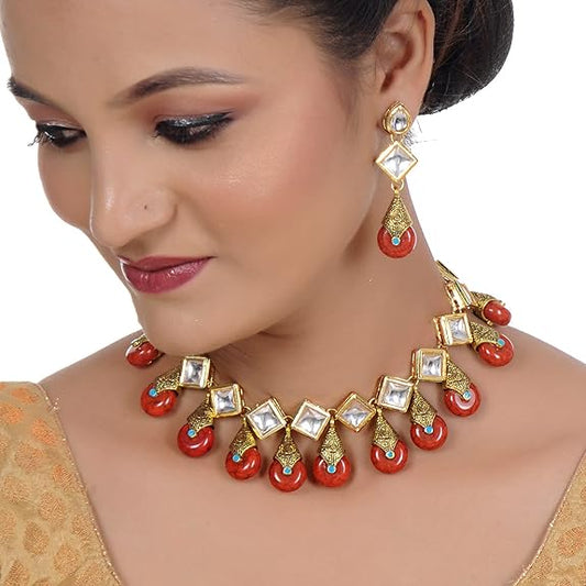 Tehzeeb Creations Back Meenakari Gold-Polished Red Color Square Shape Earring Jewellery Set Uncut Kundan Big Faux Kundan Dibbi Kundan Necklace Set - Swadesiicart