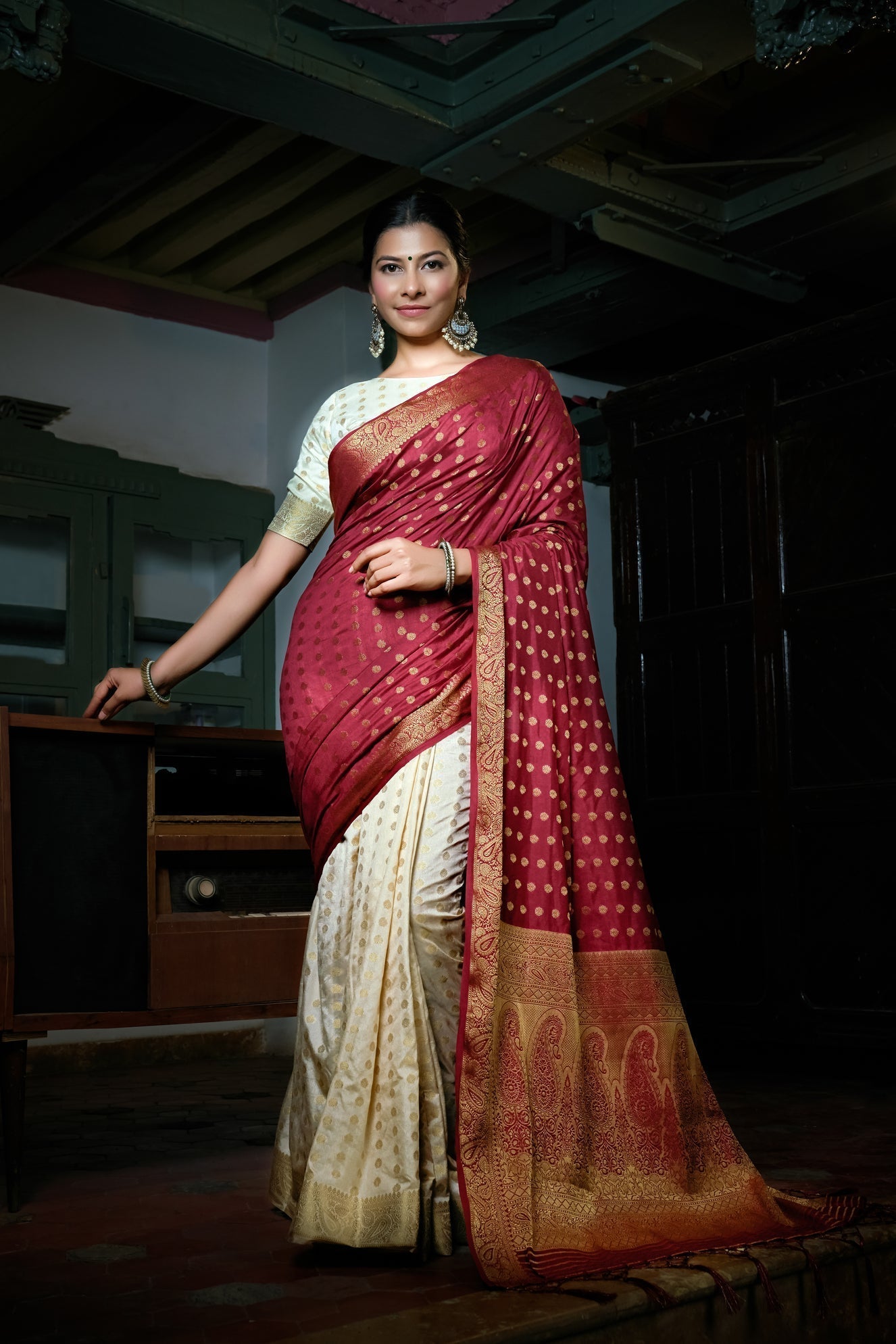 Vardha Maroon Red-Ivory White Golden Zari Banarasi Raw Silk Saree | Swadesiicart