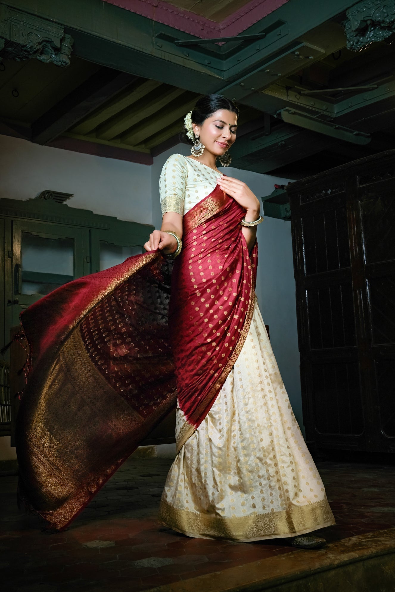 Vardha Maroon Red-Ivory White Golden Zari Banarasi Raw Silk Saree | Swadesiicart