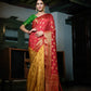 Vardha Mustard Yellow-Rosewood Red Golden Zari Banarasi Raw Silk Saree | Swadesiicart