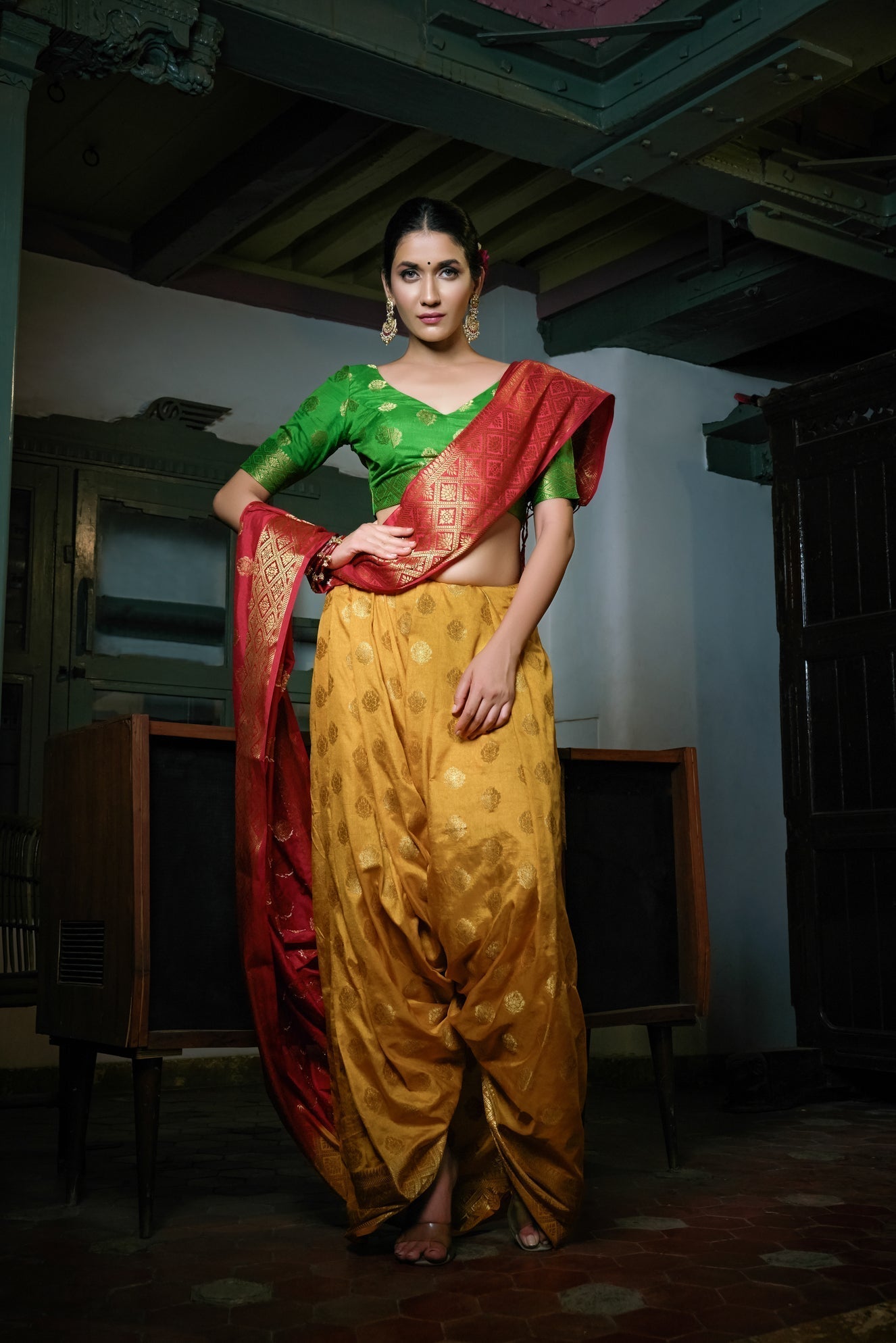 Vardha Mustard Yellow-Rosewood Red Golden Zari Banarasi Raw Silk Saree | Swadesiicart