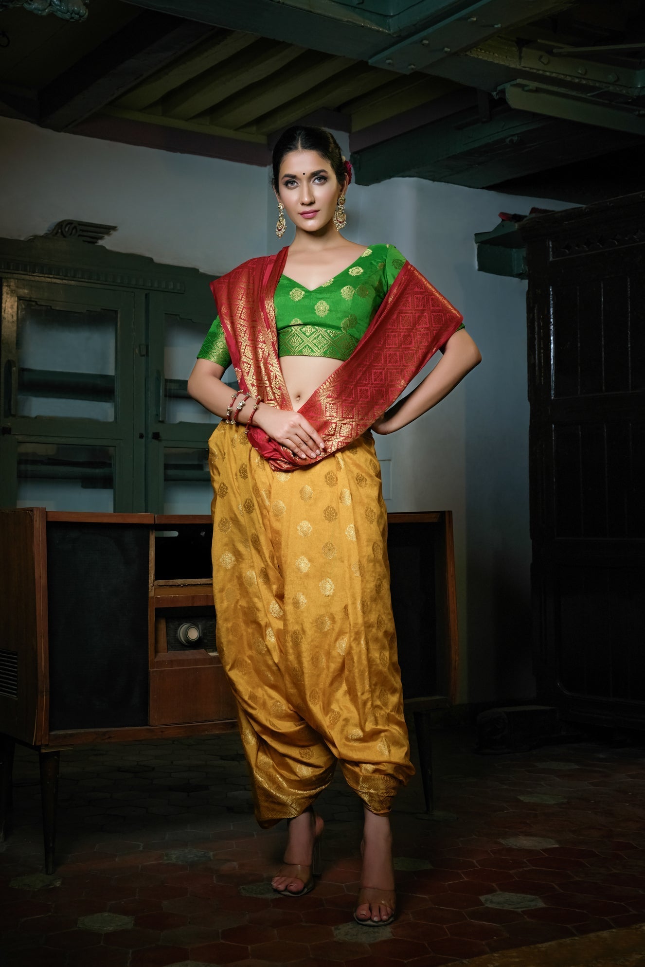 Vardha Mustard Yellow-Rosewood Red Golden Zari Banarasi Raw Silk Saree | Swadesiicart