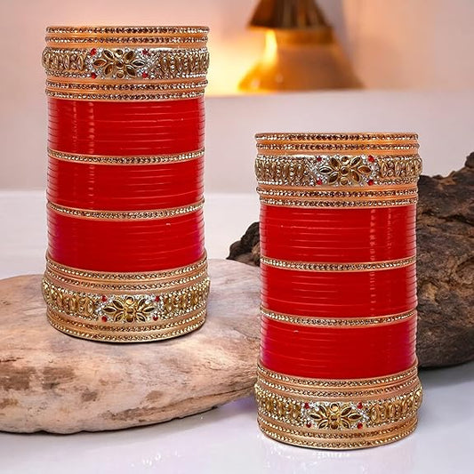 Tehzeeb Creations Bridal Bangle Set Golden White & Red Stone Chuda, Wedding punjabi Choora Fashion Chura Set for Women - Swadesiicart