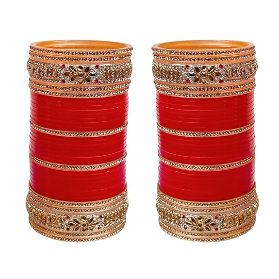 Tehzeeb Creations Bridal Bangle Set Golden White & Red Stone Chuda, Wedding punjabi Choora Fashion Chura Set for Women - Swadesiicart
