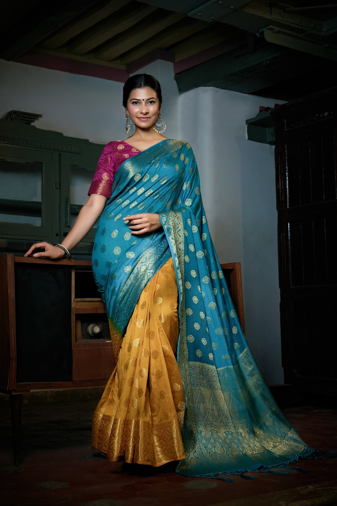 Vardha Sky Blue-Mustard Yellow Golden Zari Banarasi Raw Silk Saree | Swadesiicart