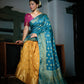 Vardha Sky Blue-Mustard Yellow Golden Zari Banarasi Raw Silk Saree | Swadesiicart