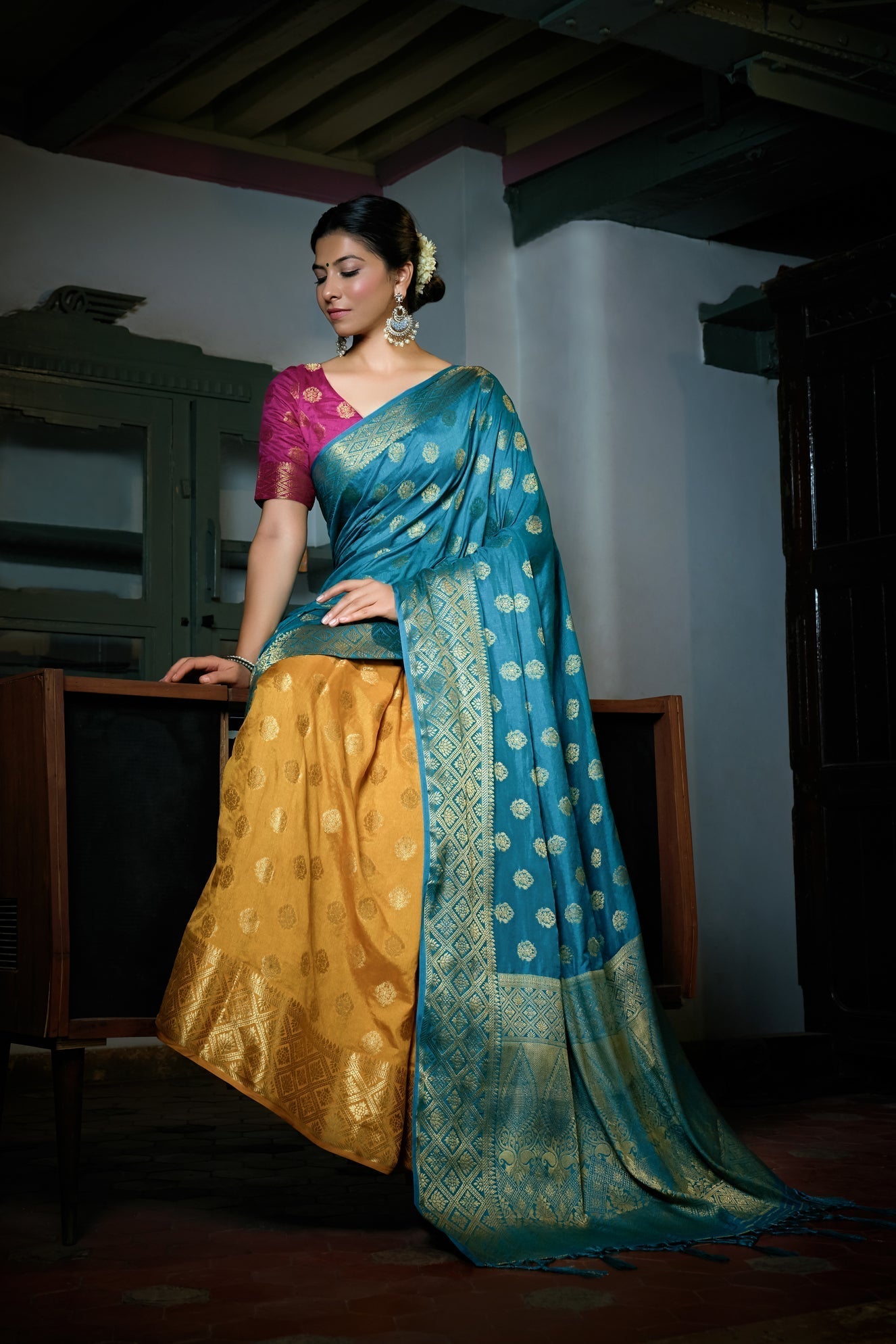 Vardha Sky Blue-Mustard Yellow Golden Zari Banarasi Raw Silk Saree | Swadesiicart