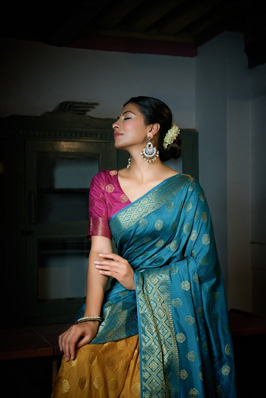 Vardha Sky Blue-Mustard Yellow Golden Zari Banarasi Raw Silk Saree | Swadesiicart