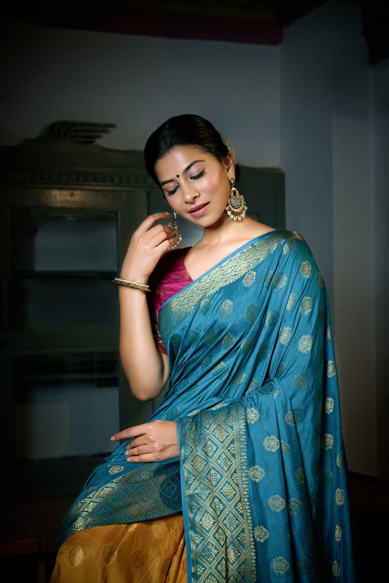 Vardha Sky Blue-Mustard Yellow Golden Zari Banarasi Raw Silk Saree | Swadesiicart