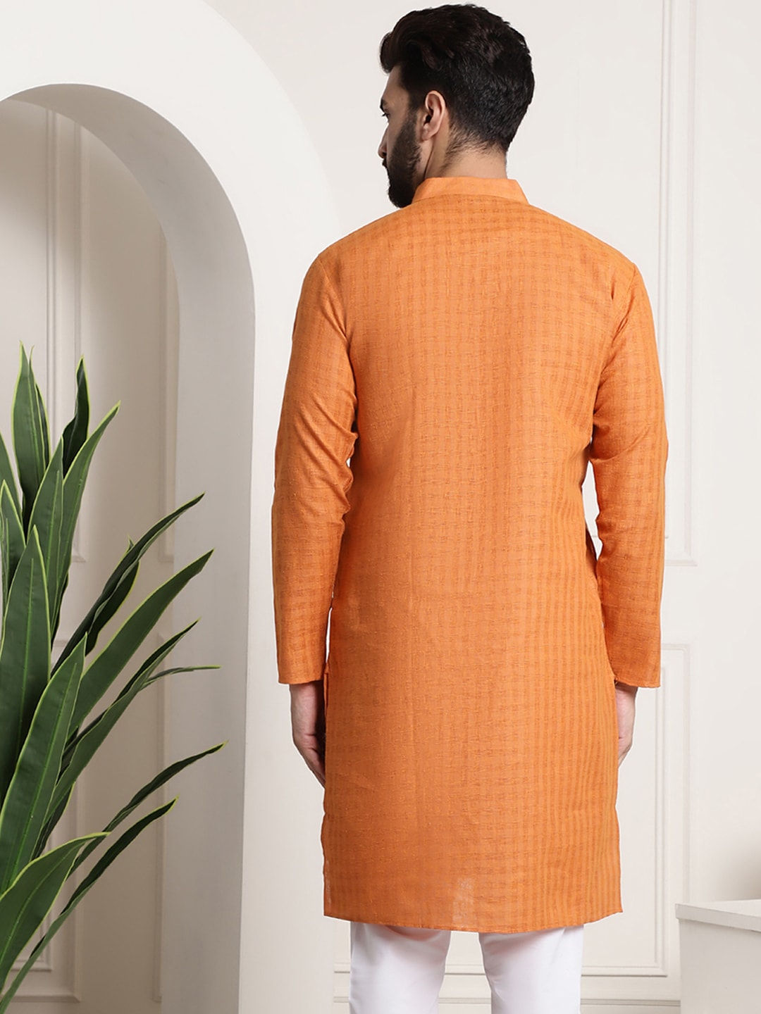 Sojanya Men Orange Dobby Self-Checked Straight Kurta | Swadesiicart