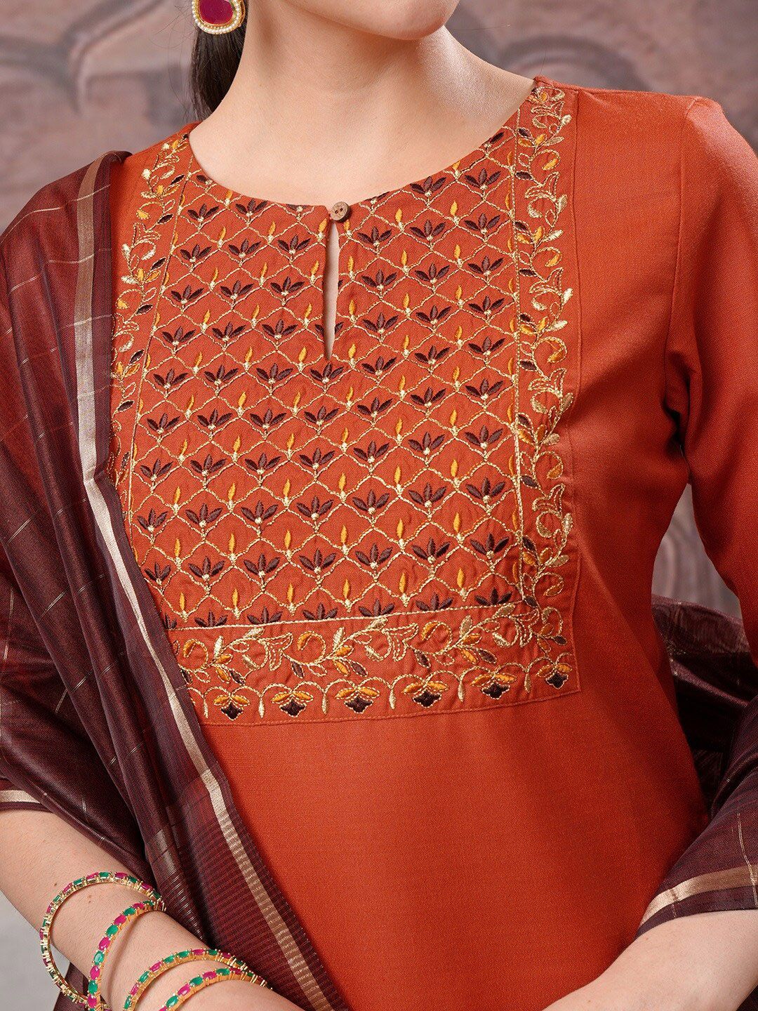 Vishudh Embroidered Regular Thread Work Kurta with Palazzo & Dupatta - Swadesiicart