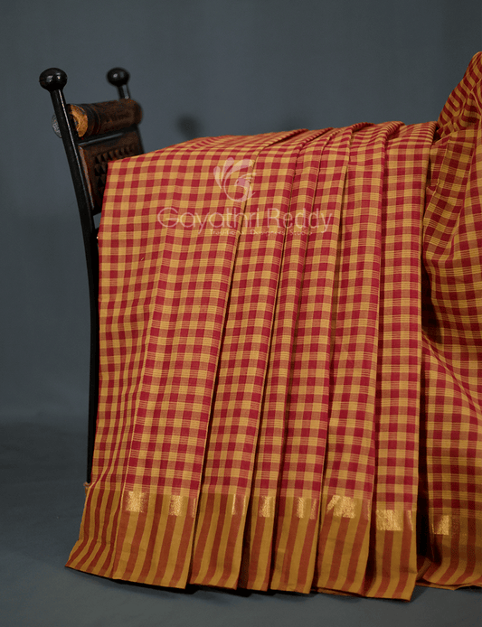 Mustard And Maroon Combo With Checks Pure Mangalgiri Cotton Saree By Gayathri Reddy Designer Studio | Swadesiicart