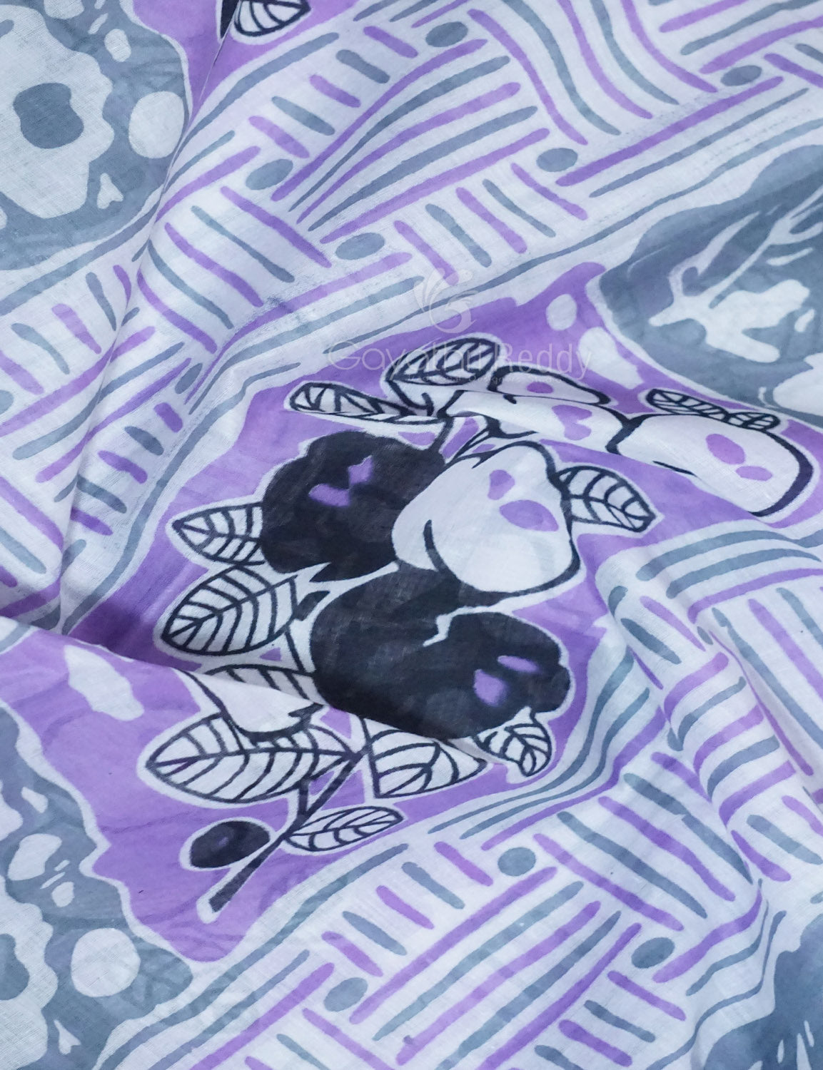 Shades of Lavender And Black Colour Floral Print Pure Mulmul Cotton Saree By Gayathri Reddy Designer Studio | Swadesiicart