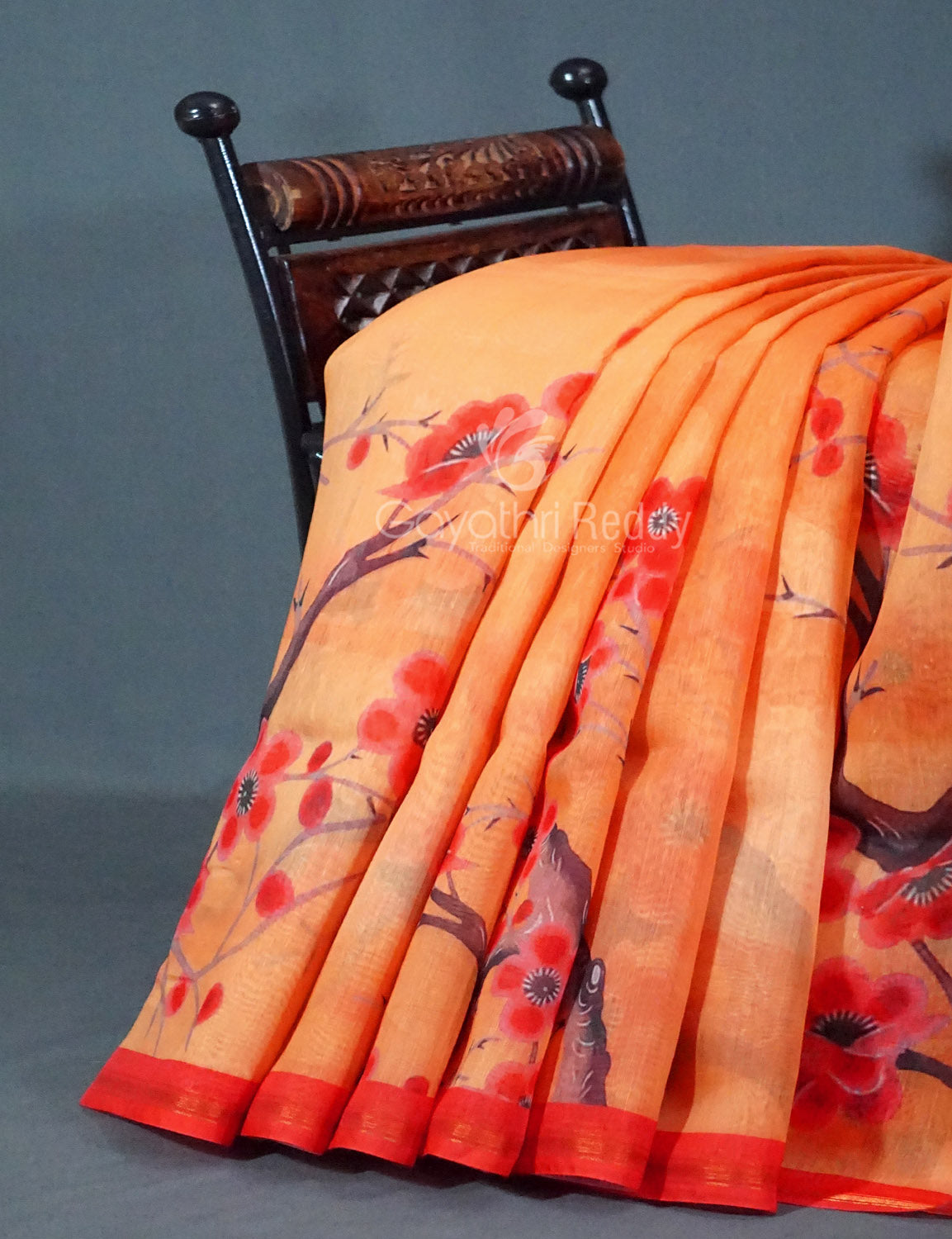 Shades of Light Orange Floral Print Semi Chanderi Saree By Gayathri Reddy Designer Studio | Swadesiicart
