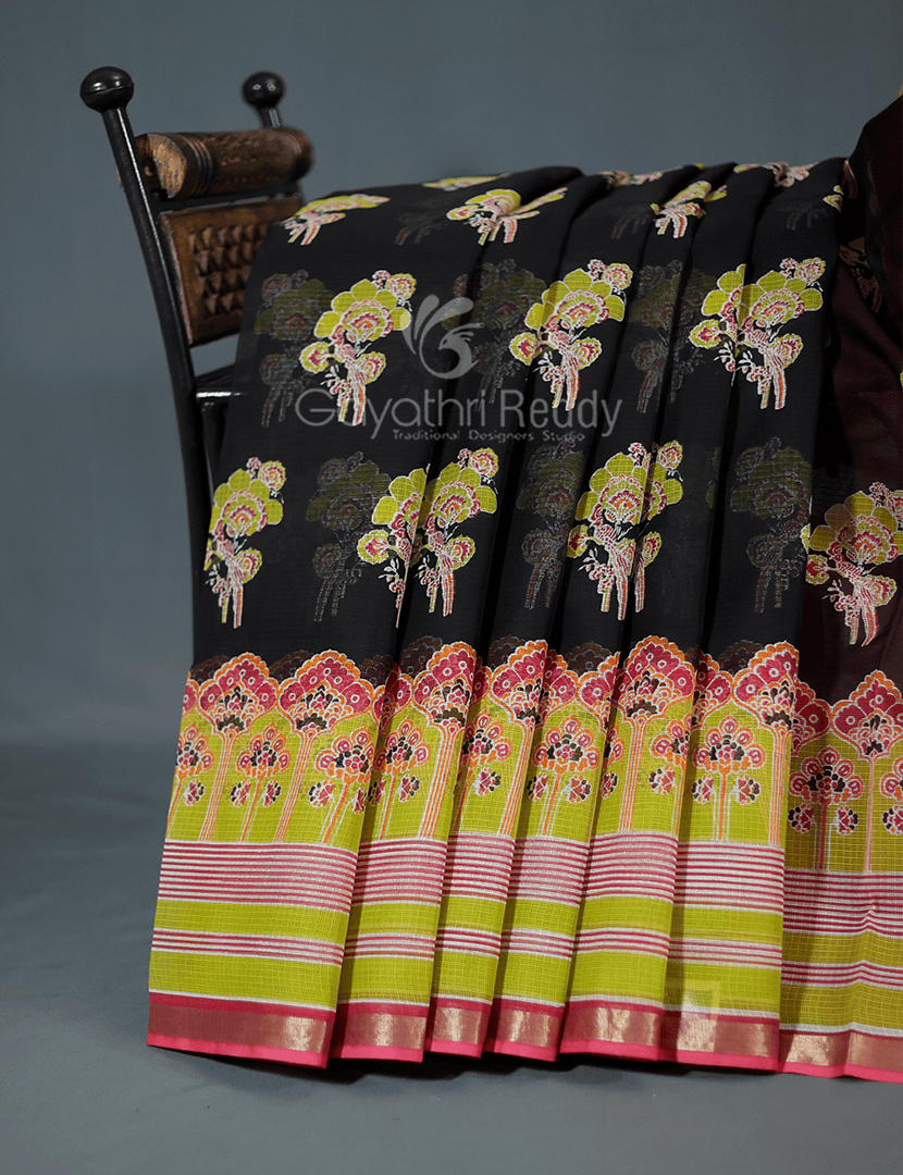 Shades of Black With Block Design Pure Kota Cotton Saree By Gayathri Reddy Designer Studio | Swadesiicart