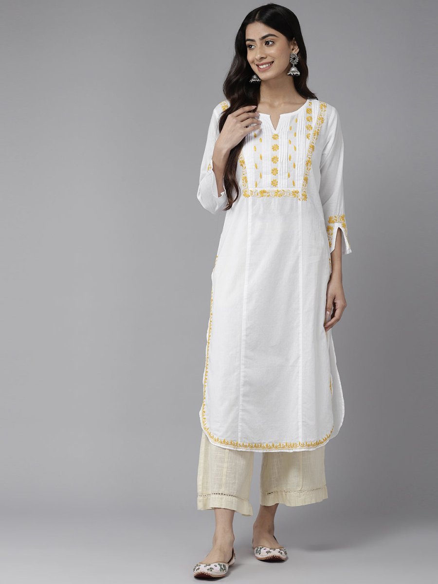 ADA Ethnic Motifs Embroidered Chikankari Cotton Kurta | Swadesiicart