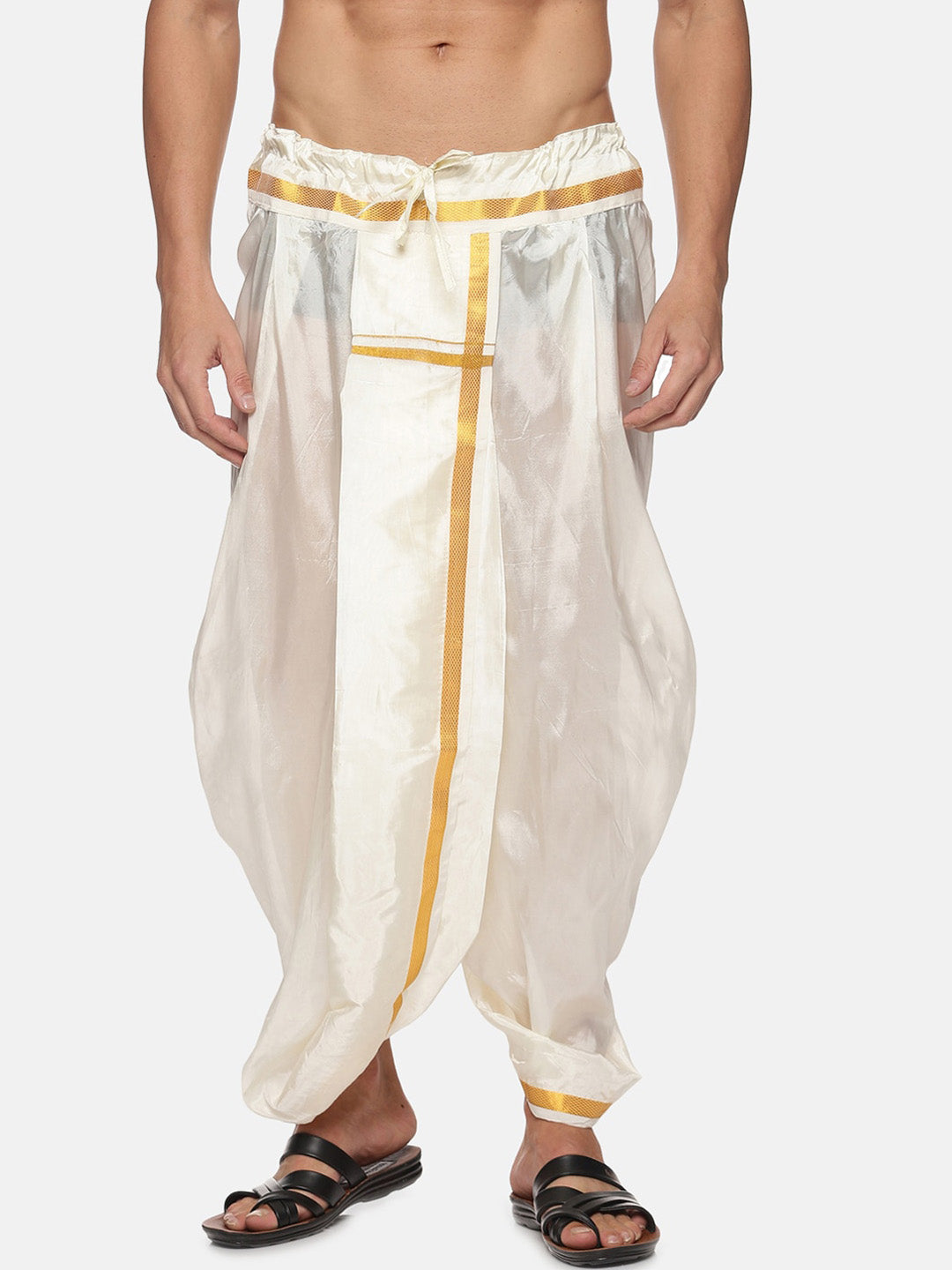 Sethukrishna Men Cream-Coloured & Golden Solid Silk Dhoti | Swadesiicart