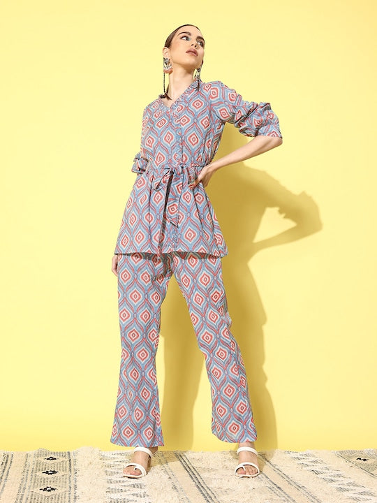 InWeave Women's Blue Pink Ogee Print Belted Coord Set - Swadesiicart