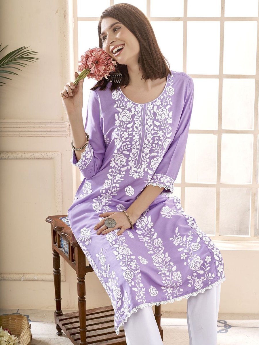 Anouk Floral Embroidered Round Neck Chikankari Straight Kurta | Swadesiicart