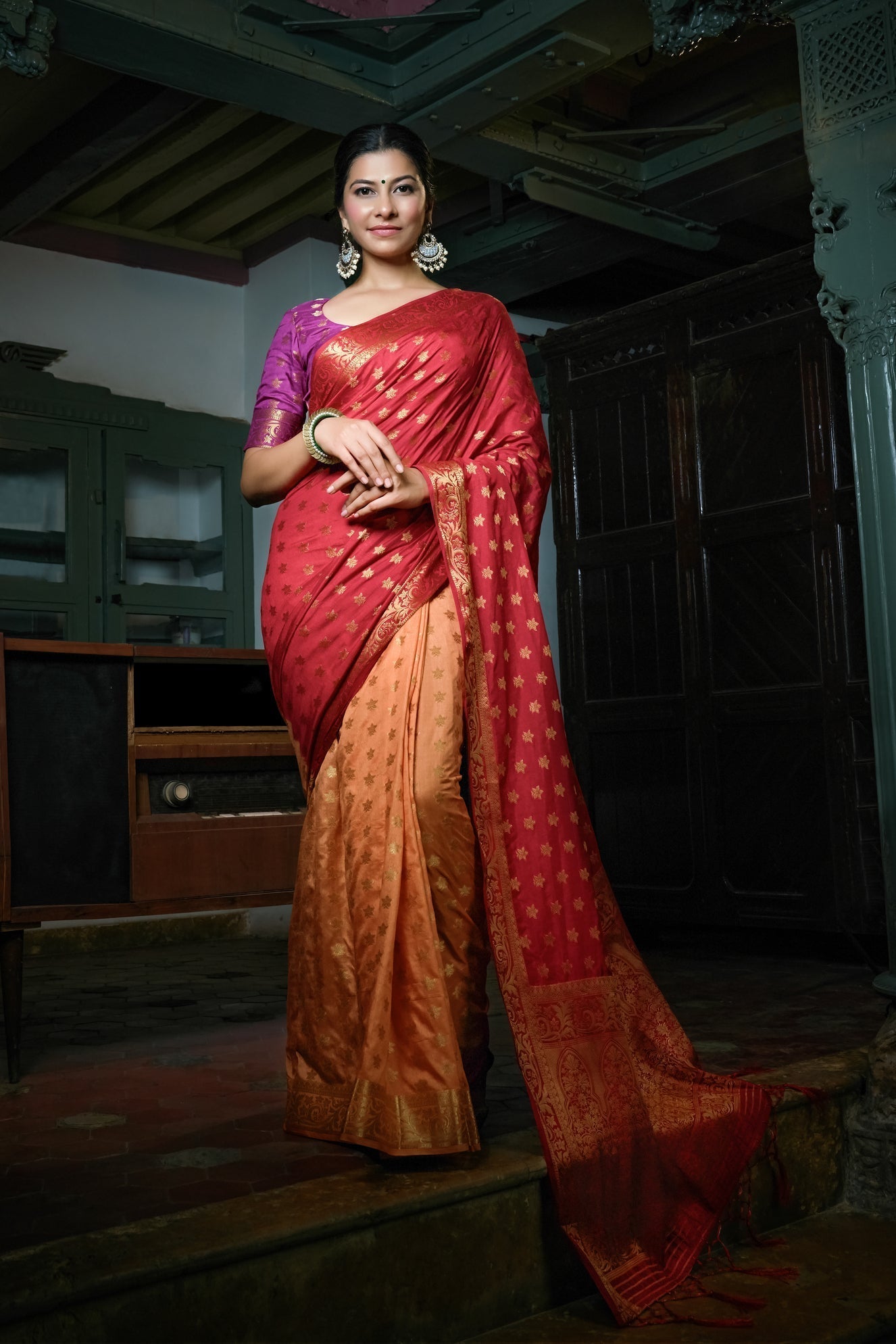Vardha Ruby Red-Peach Golden Zari Banarasi Raw Silk Saree | Swadesiicart