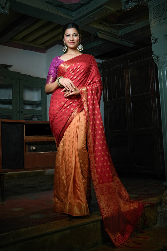 Vardha Ruby Red-Peach Golden Zari Banarasi Raw Silk Saree | Swadesiicart