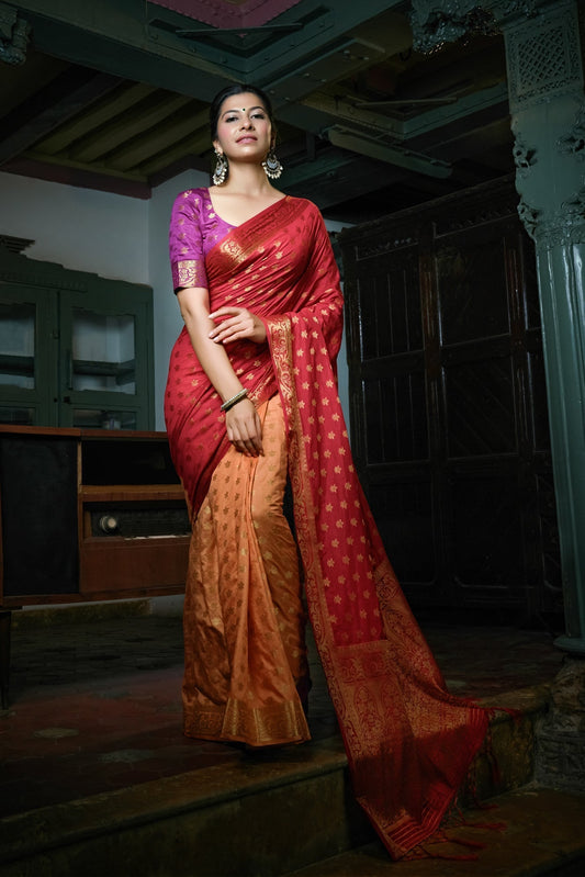 Vardha Ruby Red-Peach Golden Zari Banarasi Raw Silk Saree | Swadesiicart