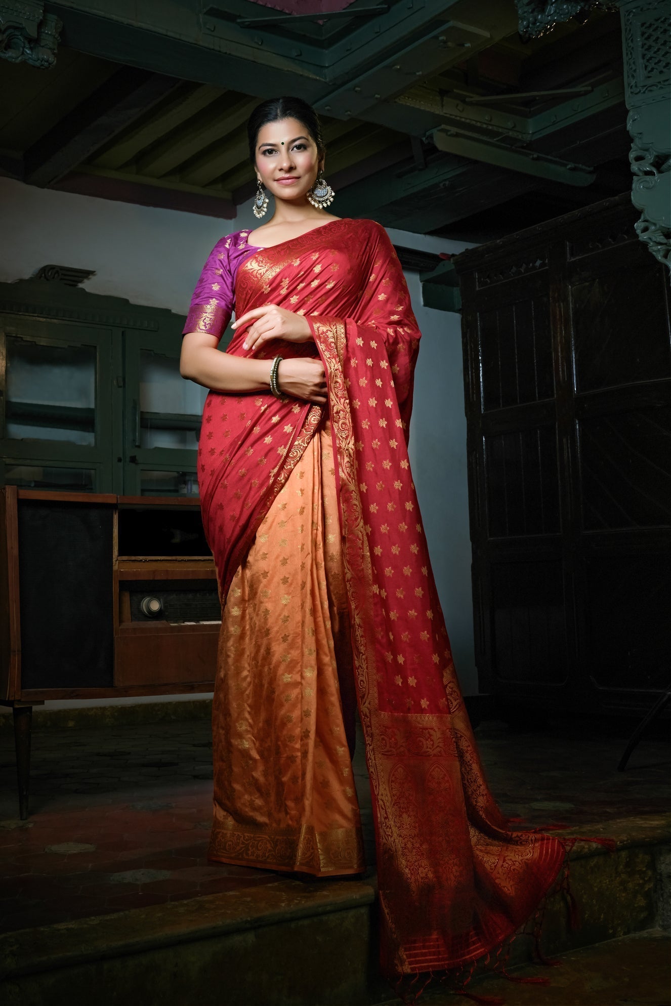 Vardha Ruby Red-Peach Golden Zari Banarasi Raw Silk Saree | Swadesiicart