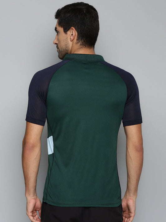 Alcis Men Green & Navy Blue Colourblocked Polo Collar Slim Fit Running T-shirt | Swadesiicart