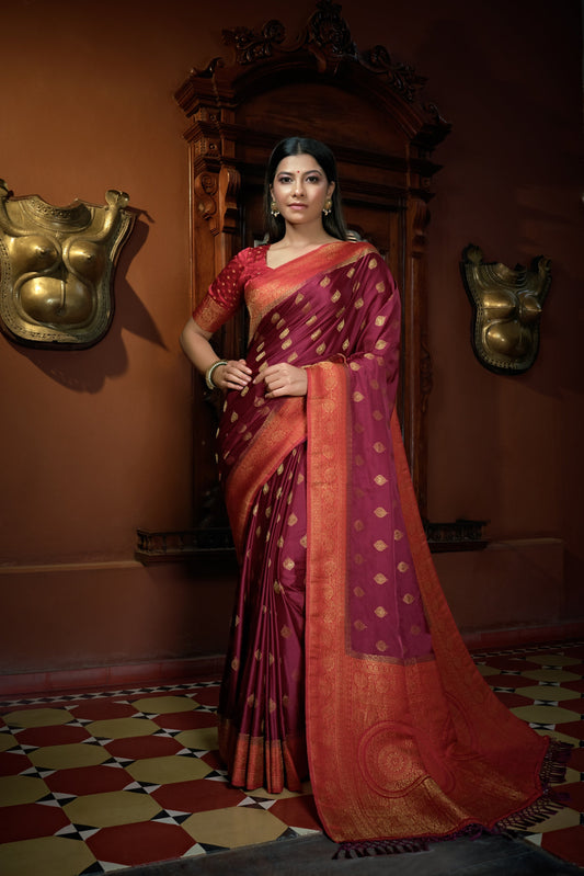Vardha Ruby Pink Golden Zari Banarasi Satin Silk Saree | Swadesiicart
