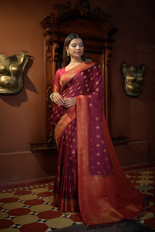 Vardha Ruby Pink Golden Zari Banarasi Satin Silk Saree | Swadesiicart