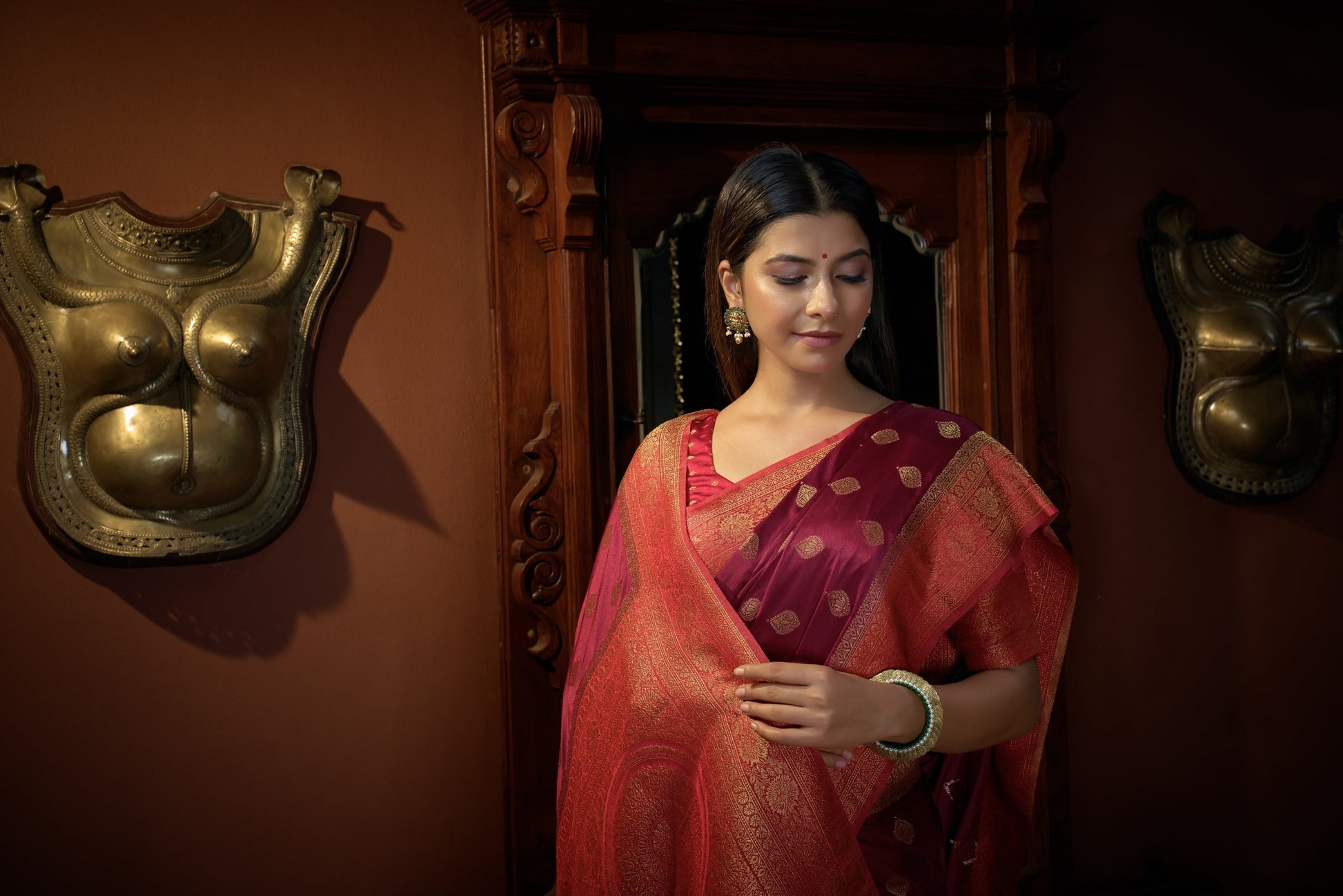 Vardha Ruby Pink Golden Zari Banarasi Satin Silk Saree | Swadesiicart