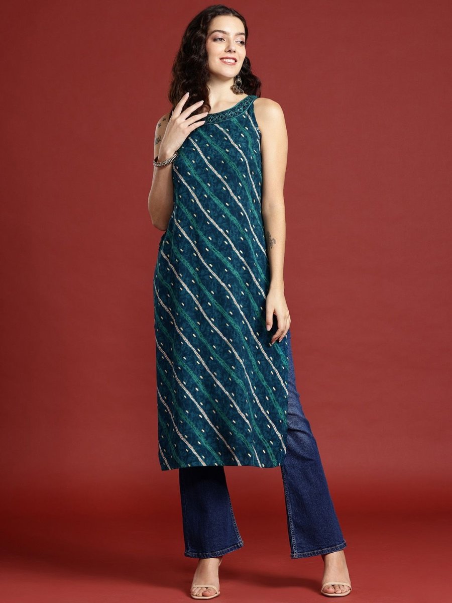 Anouk Leheriya Printed Halter Neck Thread Work Kurta - Swadesiicart