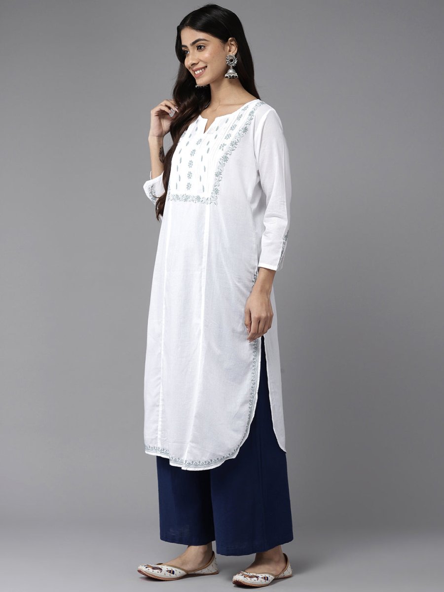 ADA Ethnic Motifs Embroidered Chikankari White Romance Kurta | Swadesiicart