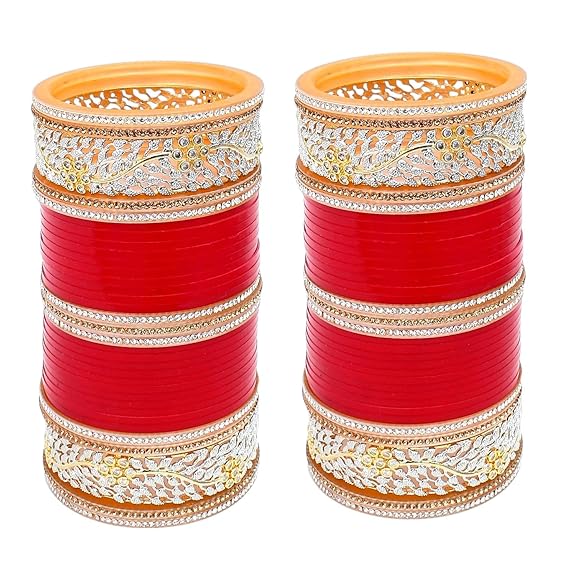 Tehzeeb Creations Bridal Bangle Set Red Designer AD & Golden Stone Dulhan Chuda Fashion Wedding Chura Punjabi Choora For Women - Swadesiicart