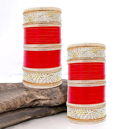 Tehzeeb Creations Bridal Bangle Set Red Designer AD & Golden Stone Dulhan Chuda Fashion Wedding Chura Punjabi Choora For Women - Swadesiicart
