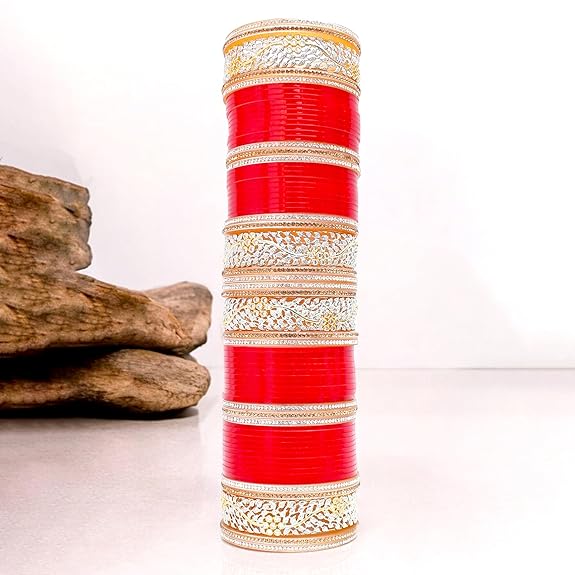 Tehzeeb Creations Bridal Bangle Set Red Designer AD & Golden Stone Dulhan Chuda Fashion Wedding Chura Punjabi Choora For Women - Swadesiicart