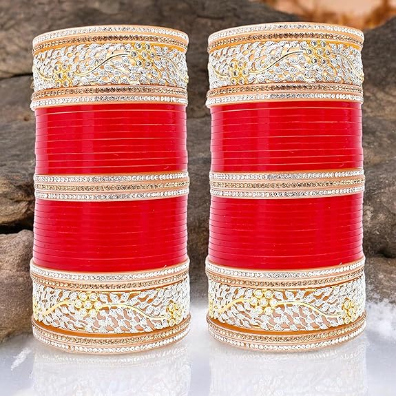 Tehzeeb Creations Bridal Bangle Set Red Designer AD & Golden Stone Dulhan Chuda Fashion Wedding Chura Punjabi Choora For Women - Swadesiicart